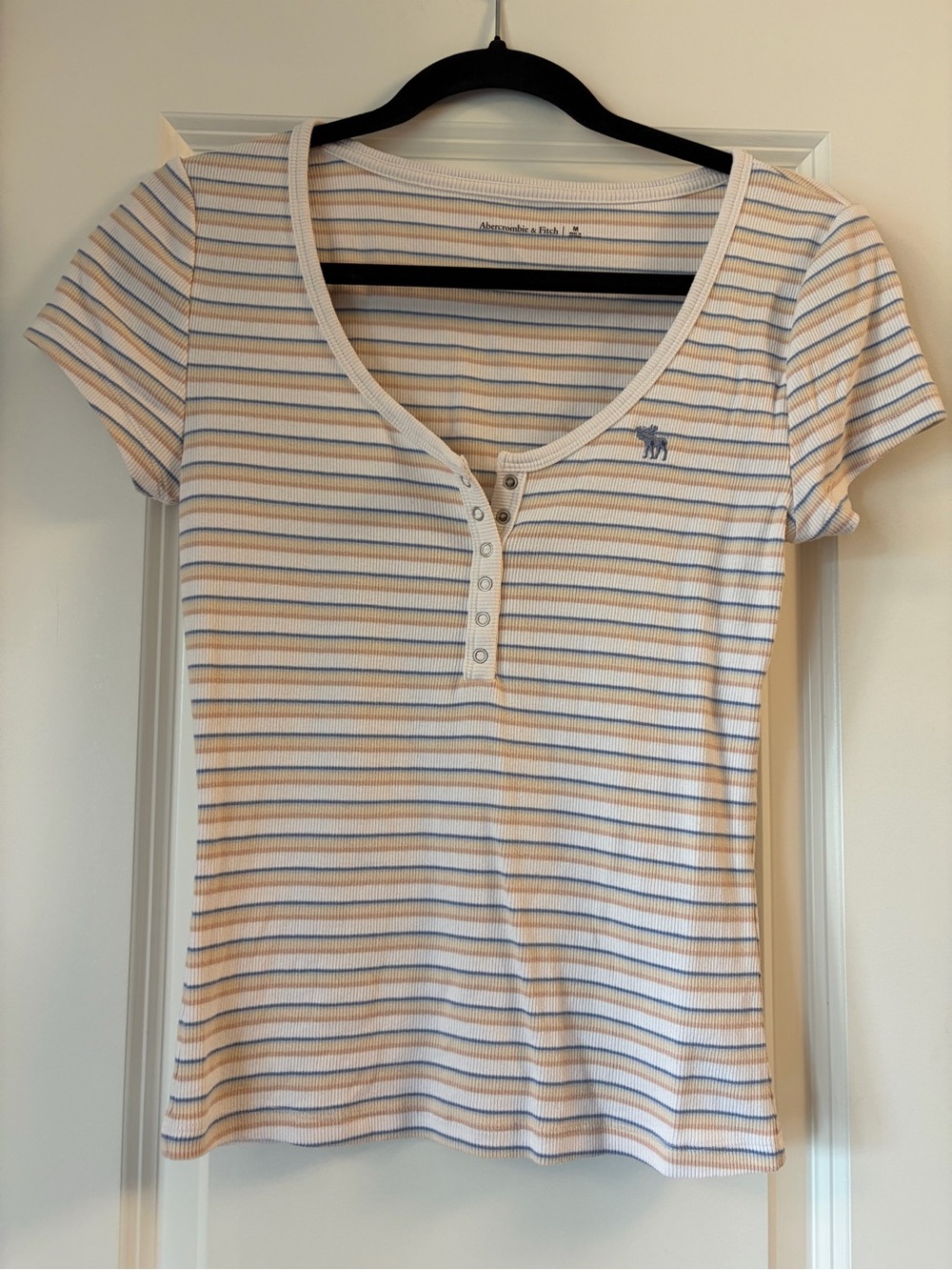 Abercrombie & Fitch Women's Short Sleeve Striped Henley Top